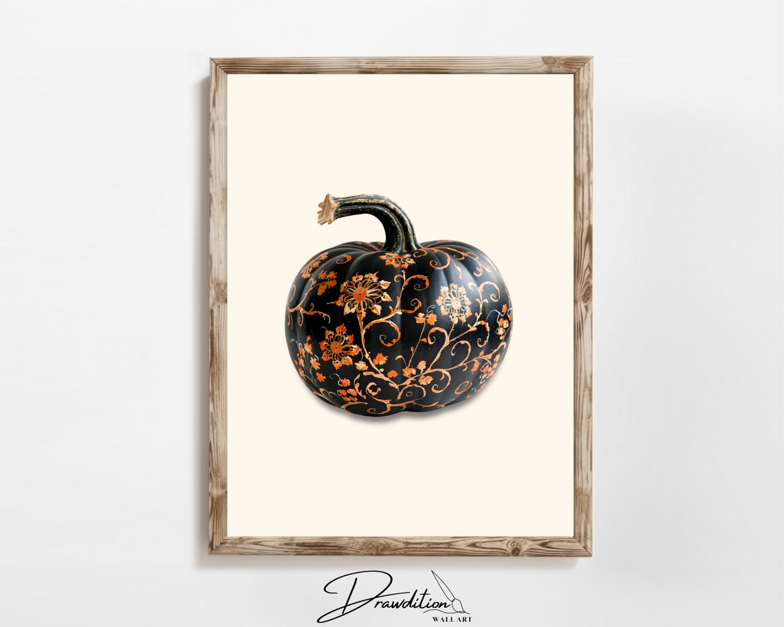 Black Pumpkin Orange Gold Floral Pattern Halloween Fall Poster