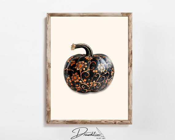 Black Pumpkin Orange Gold Floral Pattern Halloween Fall Poster