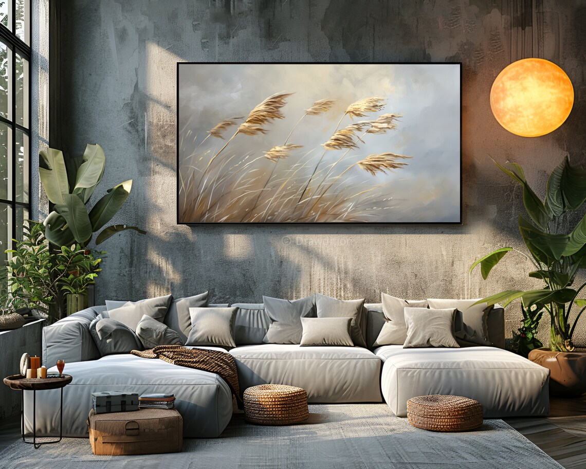 Neutral Reeds Grass Painting Coastal Beige Nature Landscape Wall Art Print - Image 3