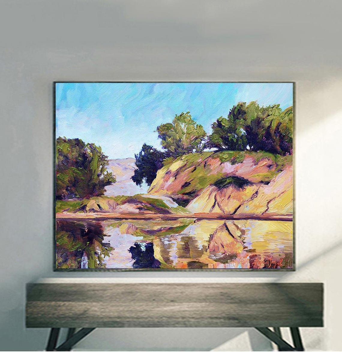 Goleta Beach Slough Golden Cliffs Water Reflection Painting Poster