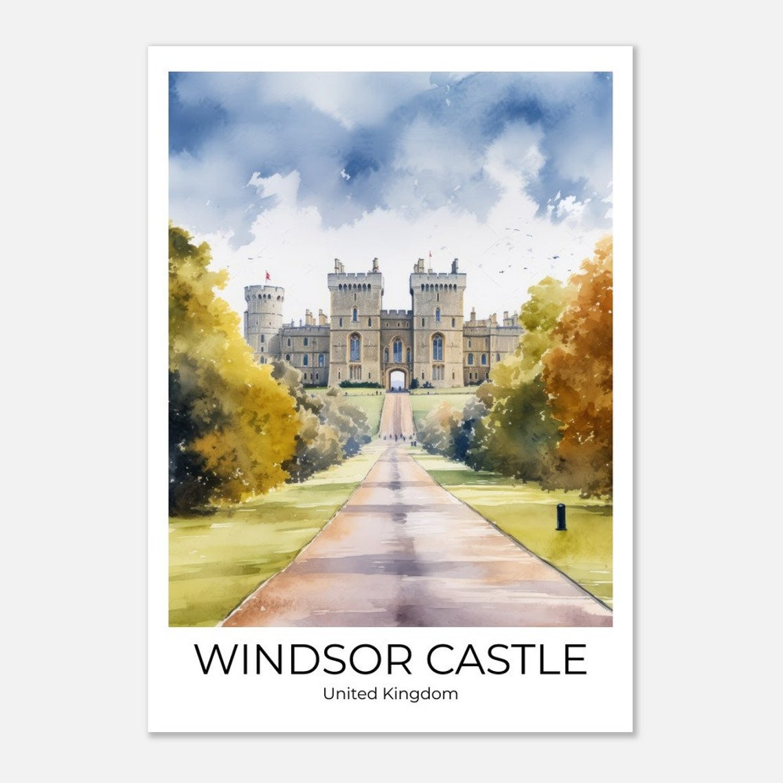 Windsor Castle Long Walk Autumn Trees Watercolor UK Travel Poster - Image 4