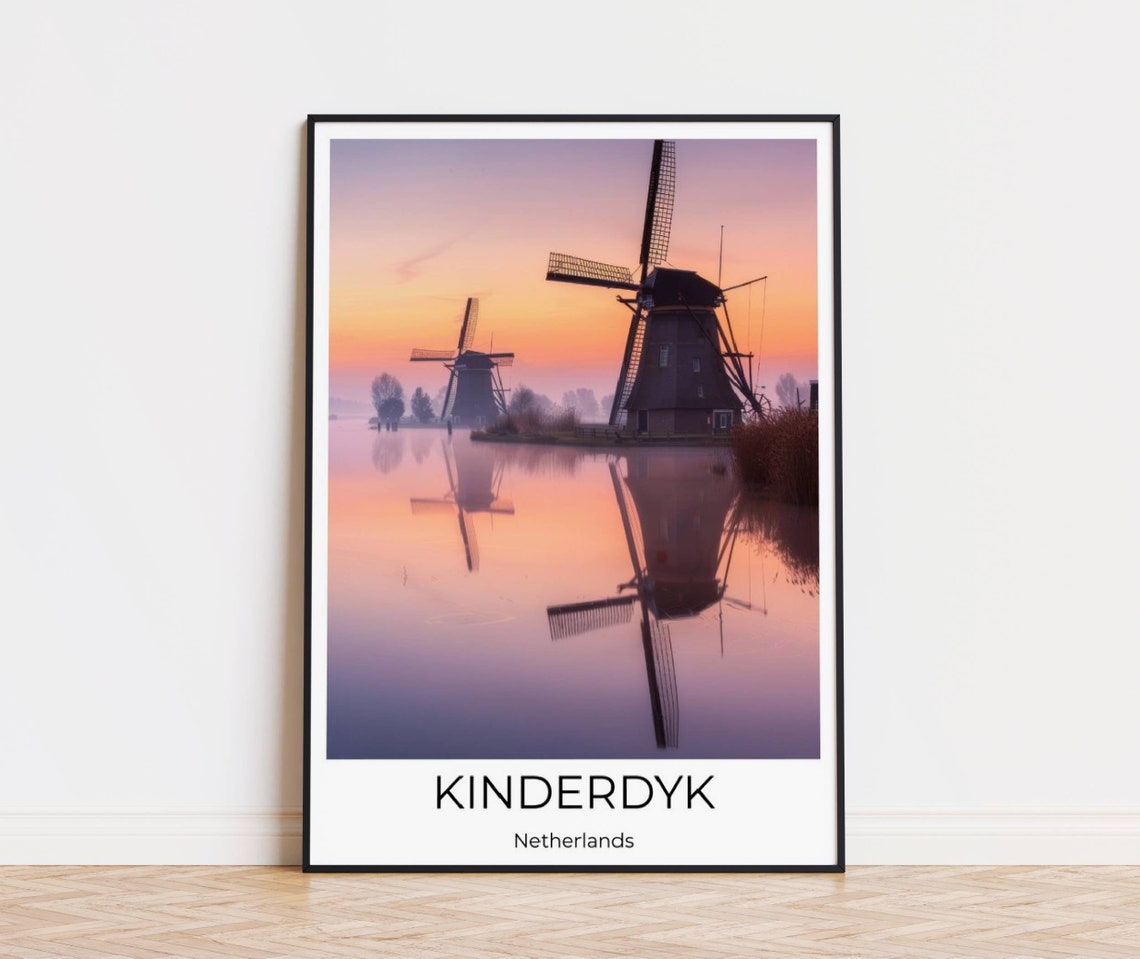 Kinderdijk Netherlands Windmills Sunrise Reflection Travel Poster