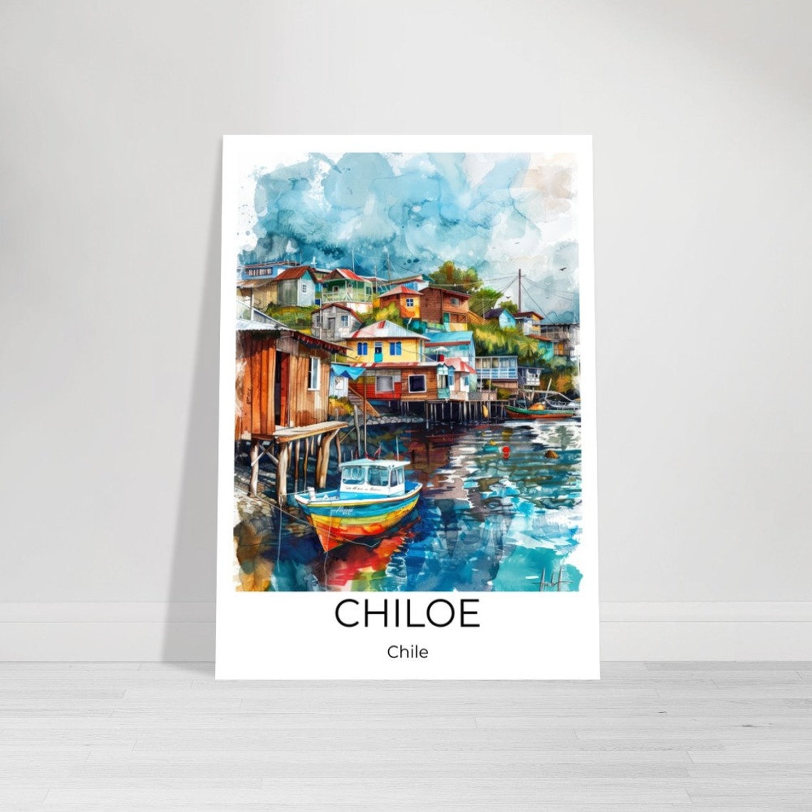 Chiloe Chile Watercolor Stilt Houses Colorful Boat Travel Poster