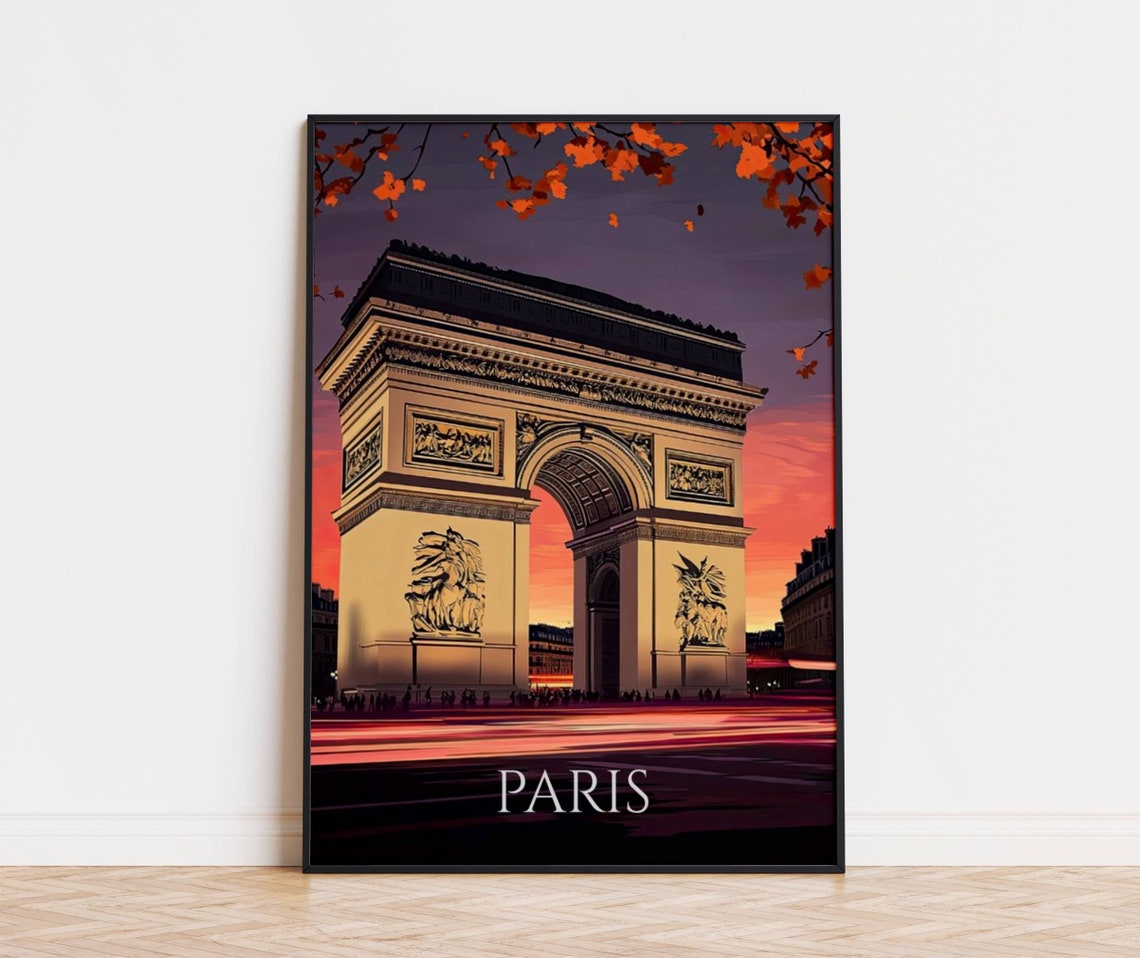Paris Arc de Triomphe Sunset Autumn Leaves Night Street Poster