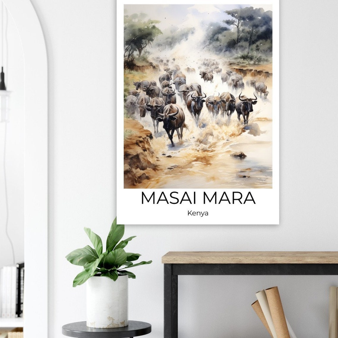Masai Mara Kenya Wildebeest River Crossing Watercolor Travel Poster - Image 3