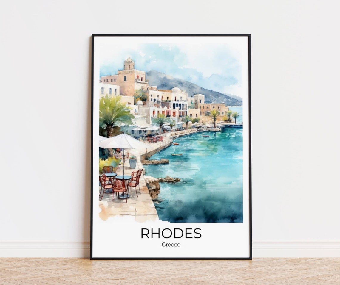 Rhodes Greece Harbor Town Waterfront Cafe Umbrella Travel Poster