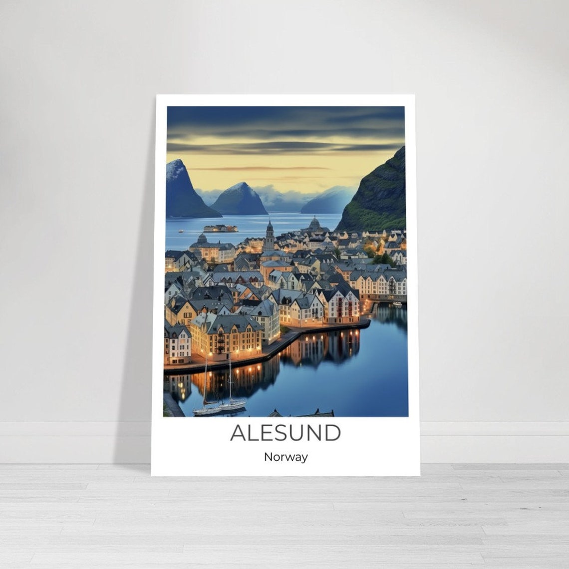 Alesund Norway Evening Harbor Lights Watercolor Travel Poster