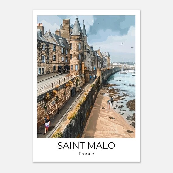 Saint Malo Walled City Ramparts Over Sandy Beach France Poster
