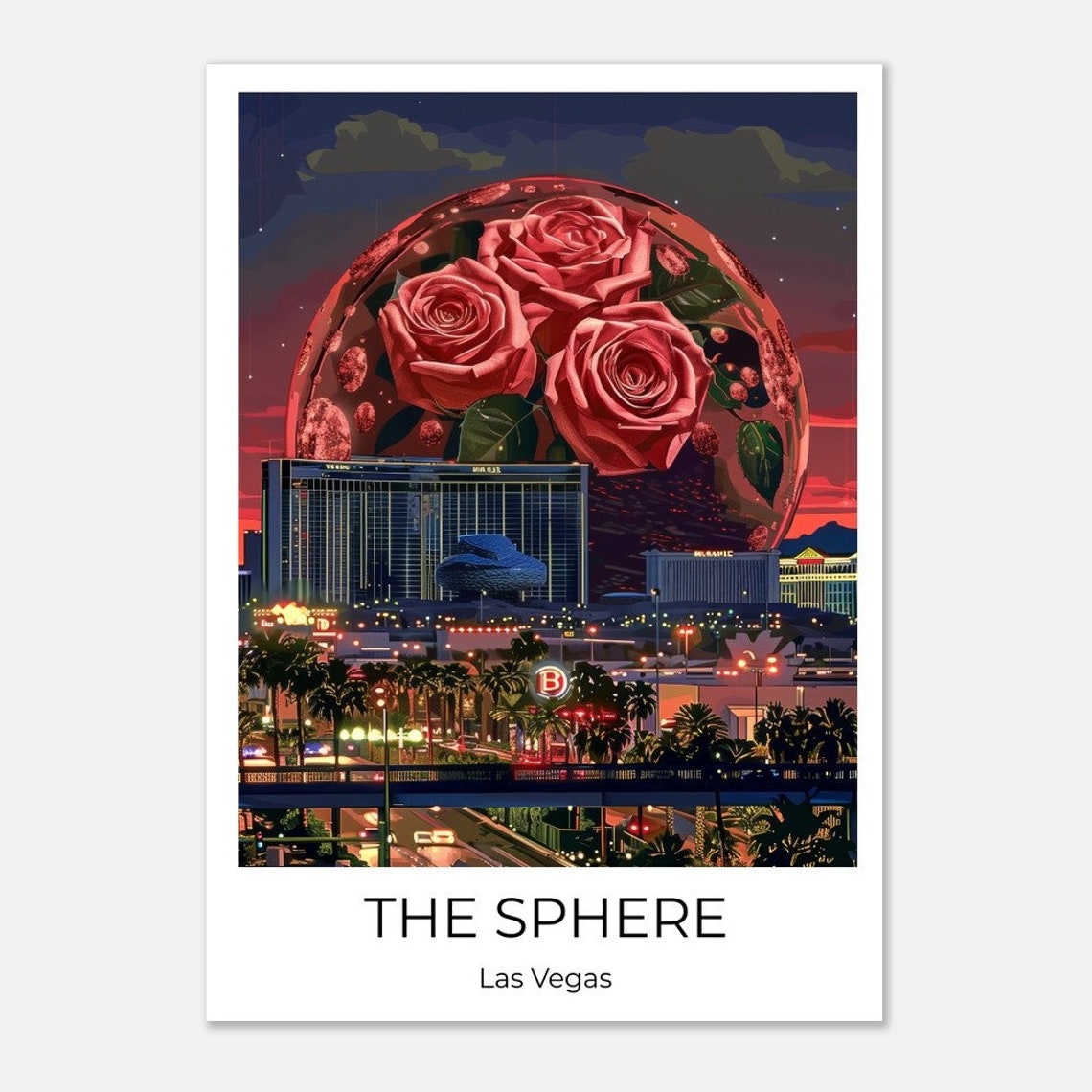 The Sphere Las Vegas Roses Night Skyline Neon Glow Travel Poster - Image 4