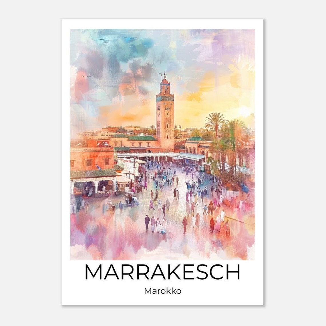 Marrakech Morocco Koutoubia Minaret Bustling Square Watercolor Poster
