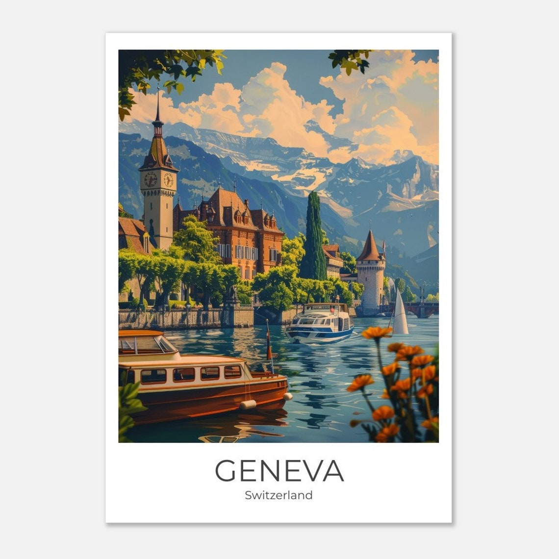 Geneva Lakefront with Boats and Mountains Switzerland Travel Poster