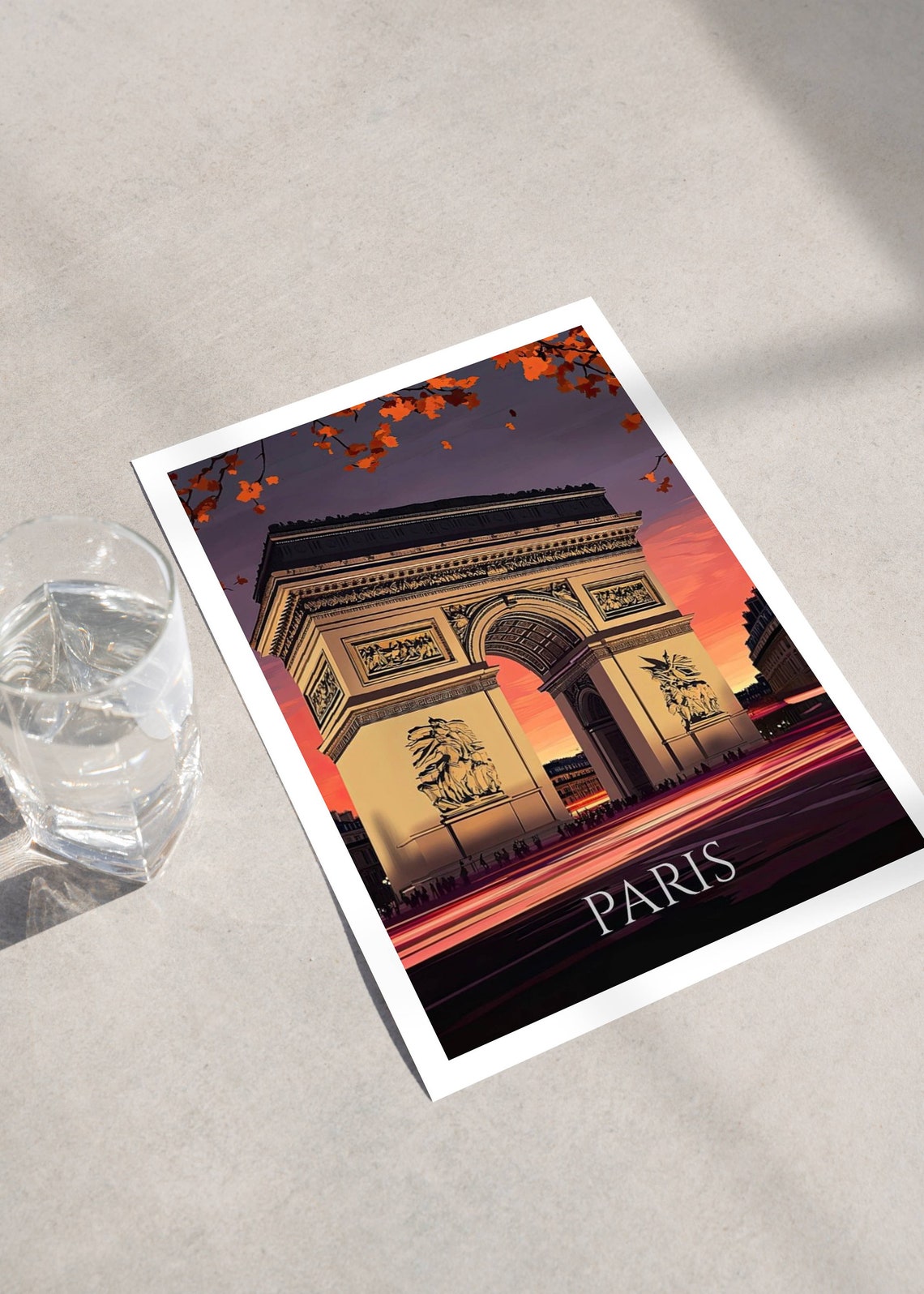 Paris Arc de Triomphe Sunset Autumn Leaves Night Street Poster - Image 5