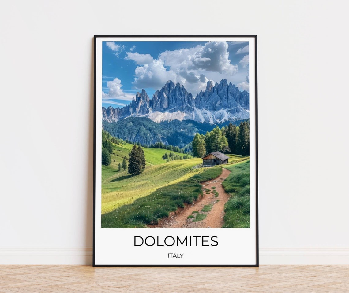Dolomites Italy Jagged Peaks Alpine Meadow Trail Travel Poster