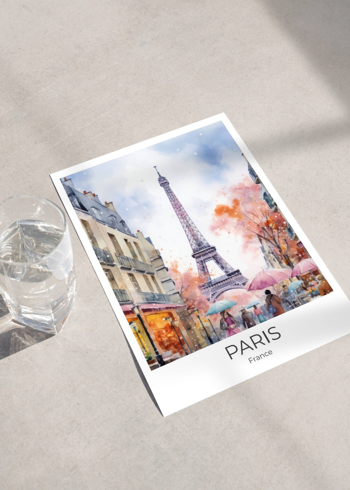 Paris France Eiffel Tower Autumn Umbrellas Watercolor Poster - Image 2