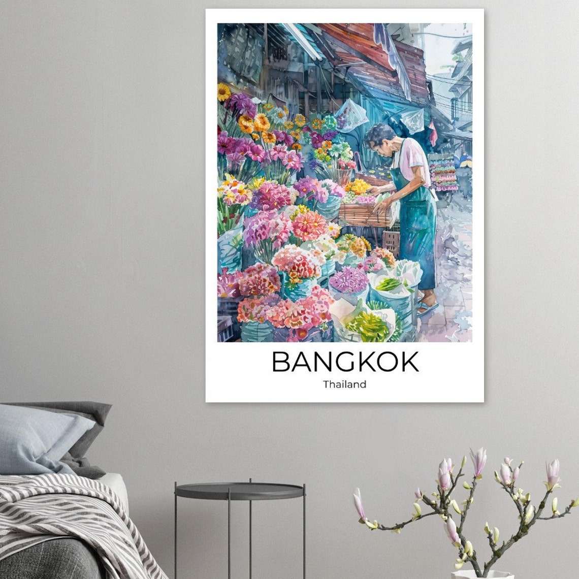 Bangkok Flower Market Watercolor Travel Poster Of Flower Market Of Bangkok Wall Art Bangkok Travel Thailand Bangkok Wall Decoration - Image 4