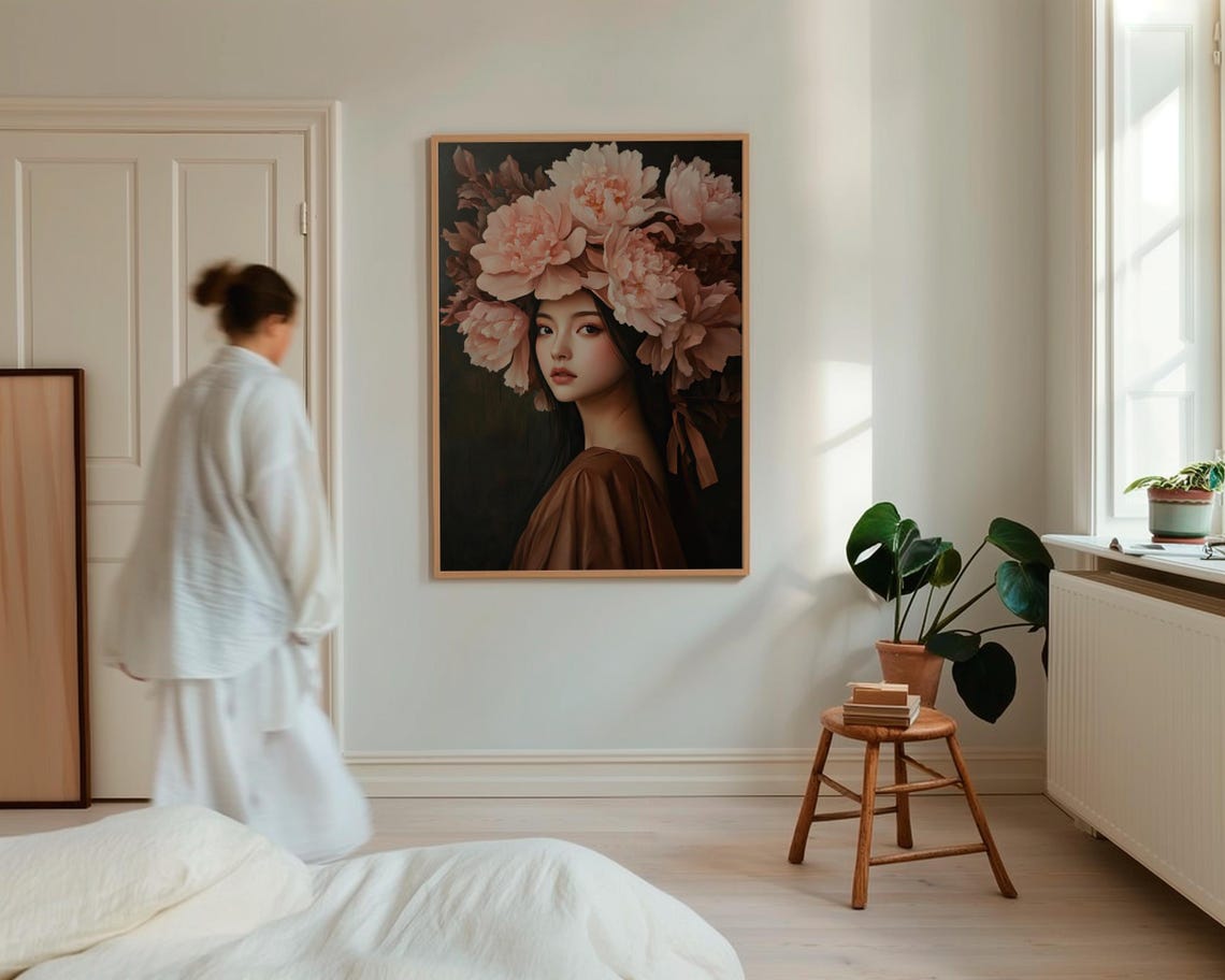 Elegant Peony Flower Portrait Wall Art Asian Woman Pink Blossoms - Image 3