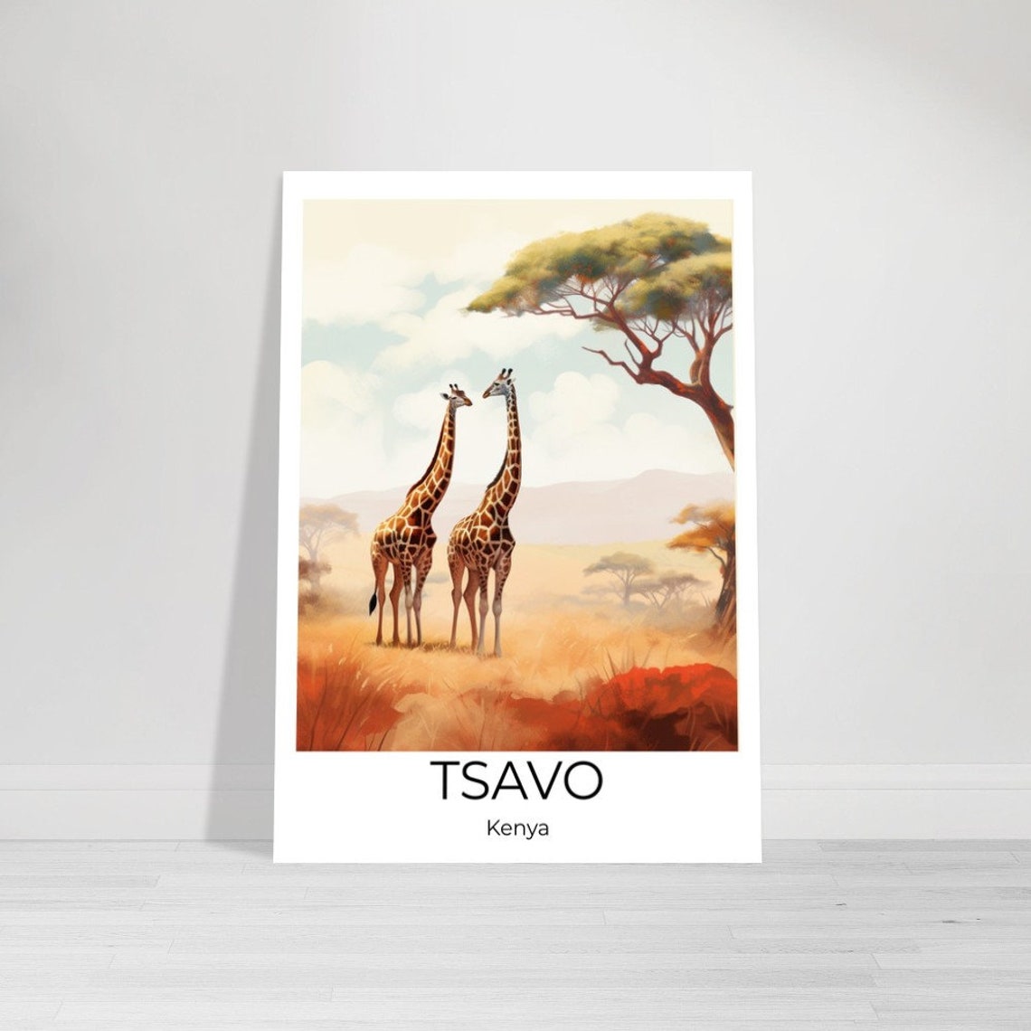 Tsavo Kenya Watercolor Giraffes Savanna Wildlife Travel Poster