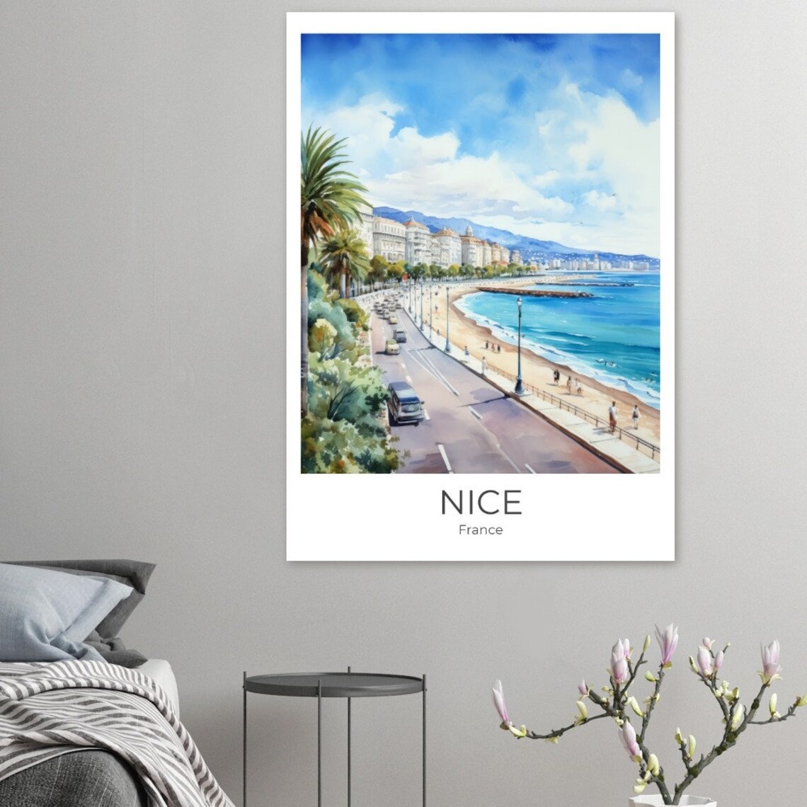 Nice France Sunny Beach Promenade Palms Watercolor Travel Poster - Image 4