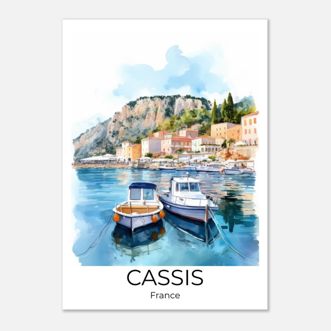 Cassis France Harbor Sailboats Watercolor Cliff Town Travel Poster - Image 4