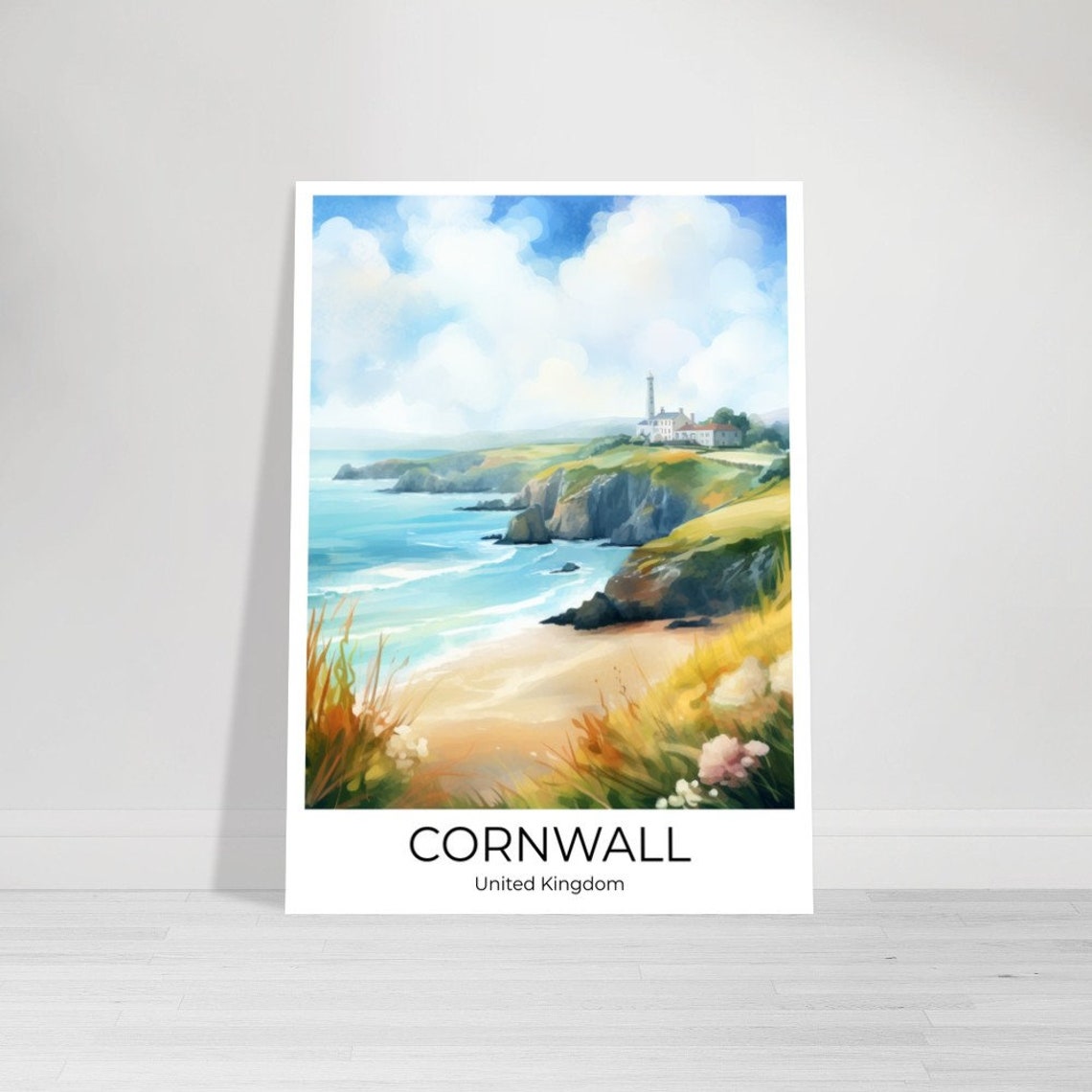 Cornwall United Kingdom Coastal Cliffs Lighthouse Beach Travel Poster - Image 2