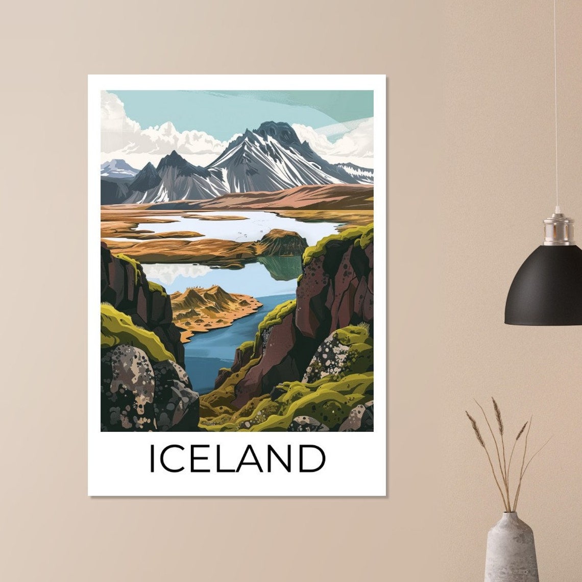Iceland Snowy Peaks Mirror Lake Mossy Rocks Landscape Poster - Image 3