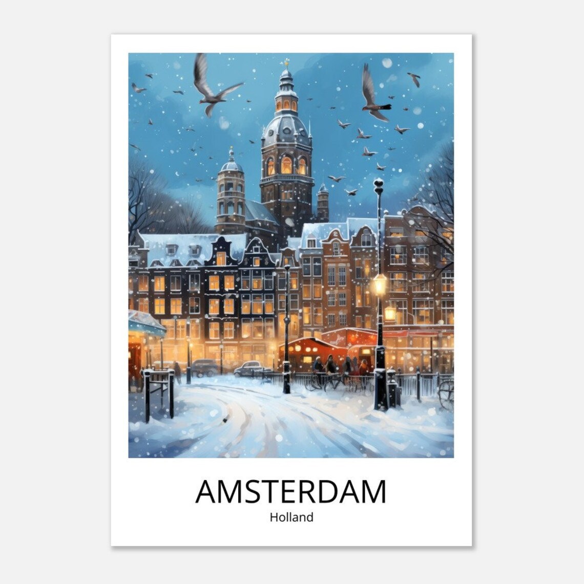 Amsterdam Winter Church Tower Snow Canal Houses Illustration Poster - Image 4