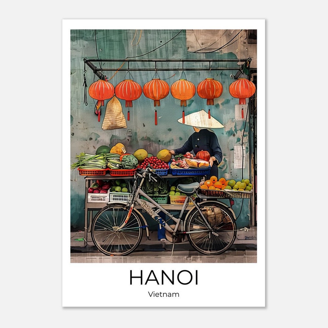 Hanoi Vietnam Red Lanterns Fruit Cart Bicycle Painterly Travel Poster - Image 3