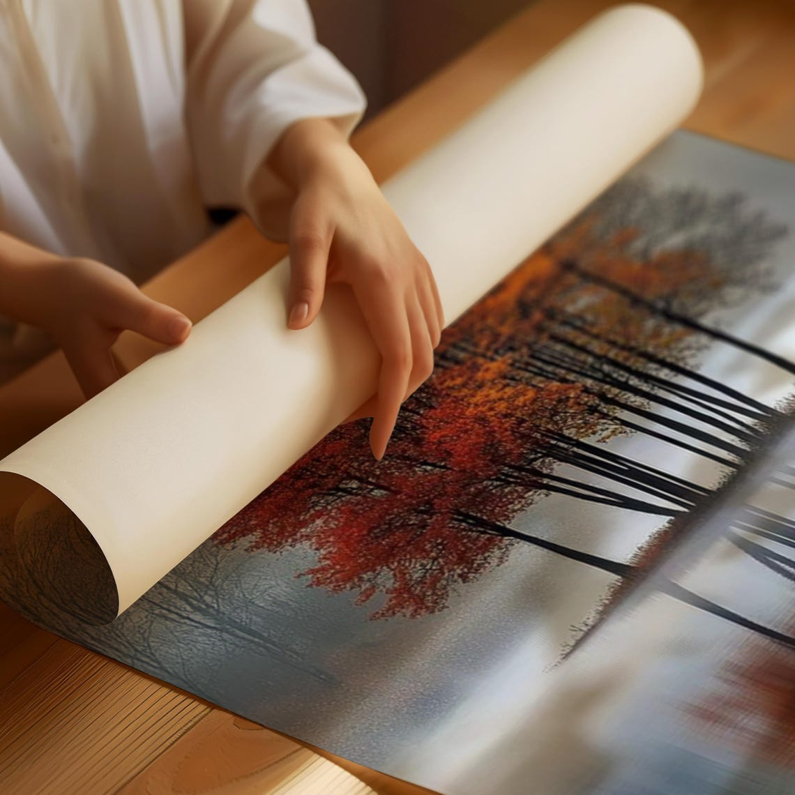 Red Orange Birch Grove Autumn Poster Misty Lake Mirror Reflection - Image 3