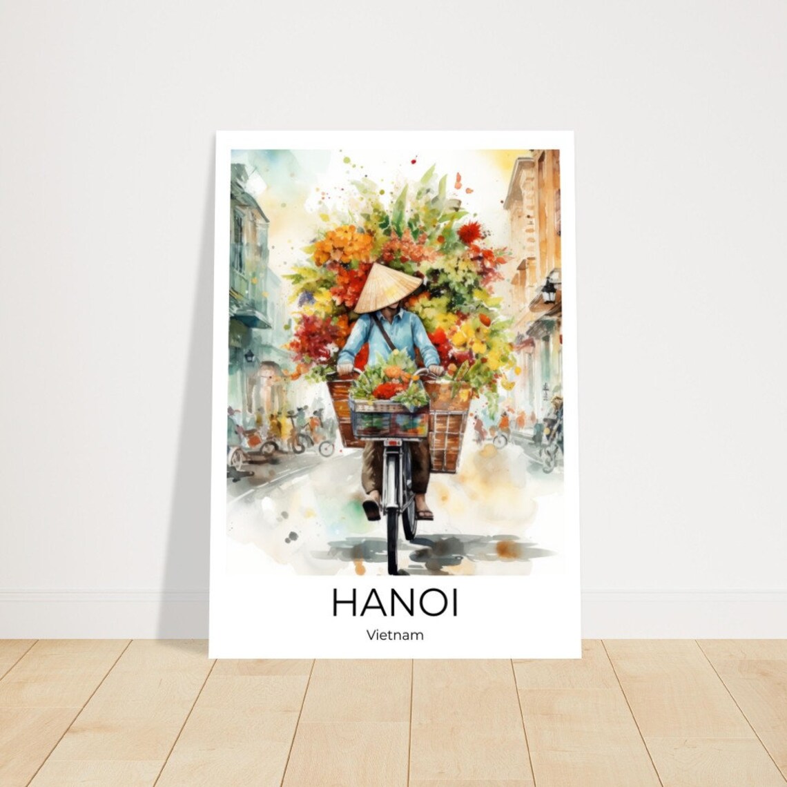 Hanoi Vietnam Flower Bike Vendor Watercolor Travel Art Poster