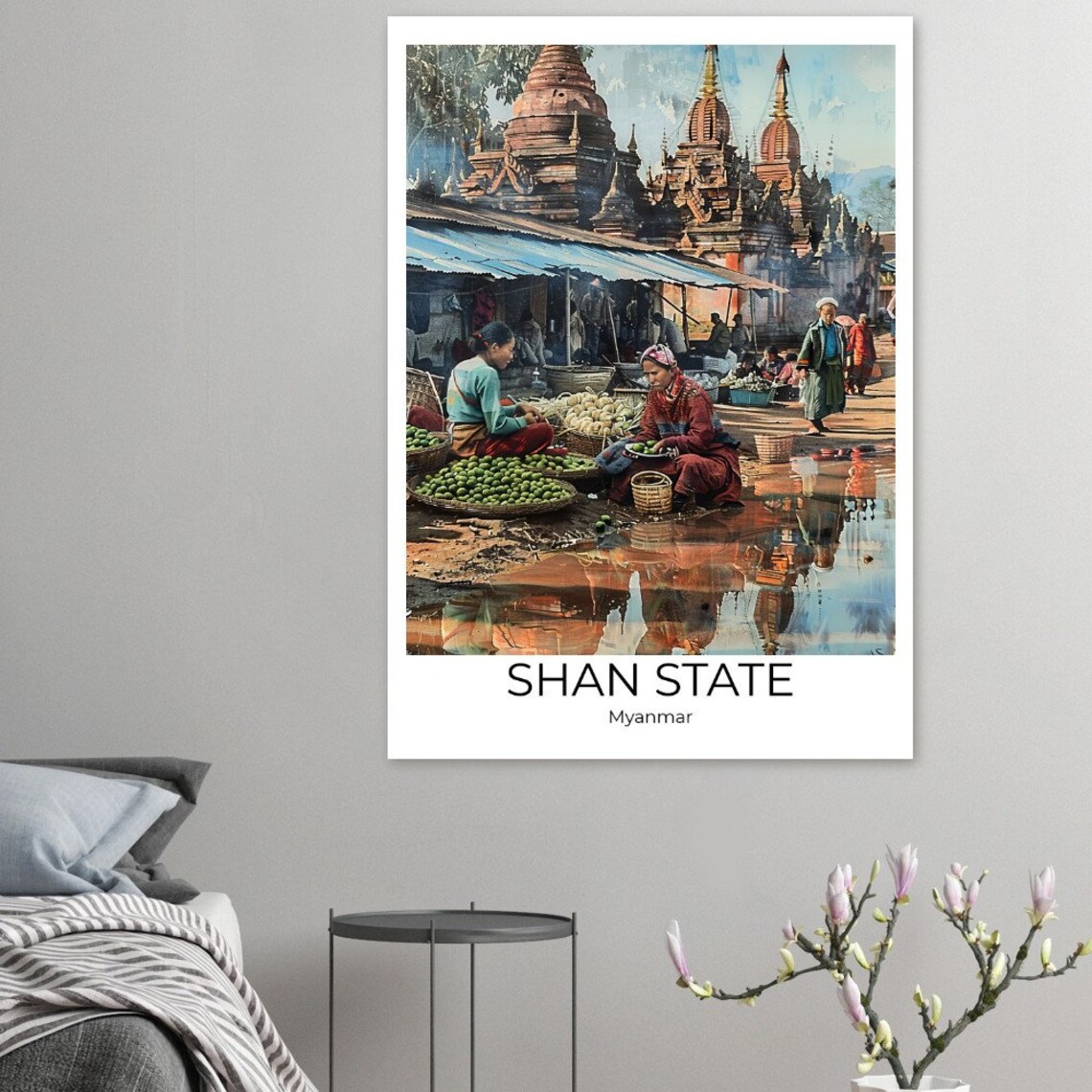 Shan State Myanmar Street Market Stupas Watercolor Travel Poster - Image 4