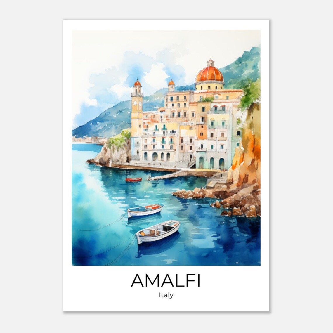 Amalfi Italy Coast Village Dome Church Boats Bay Travel Poster