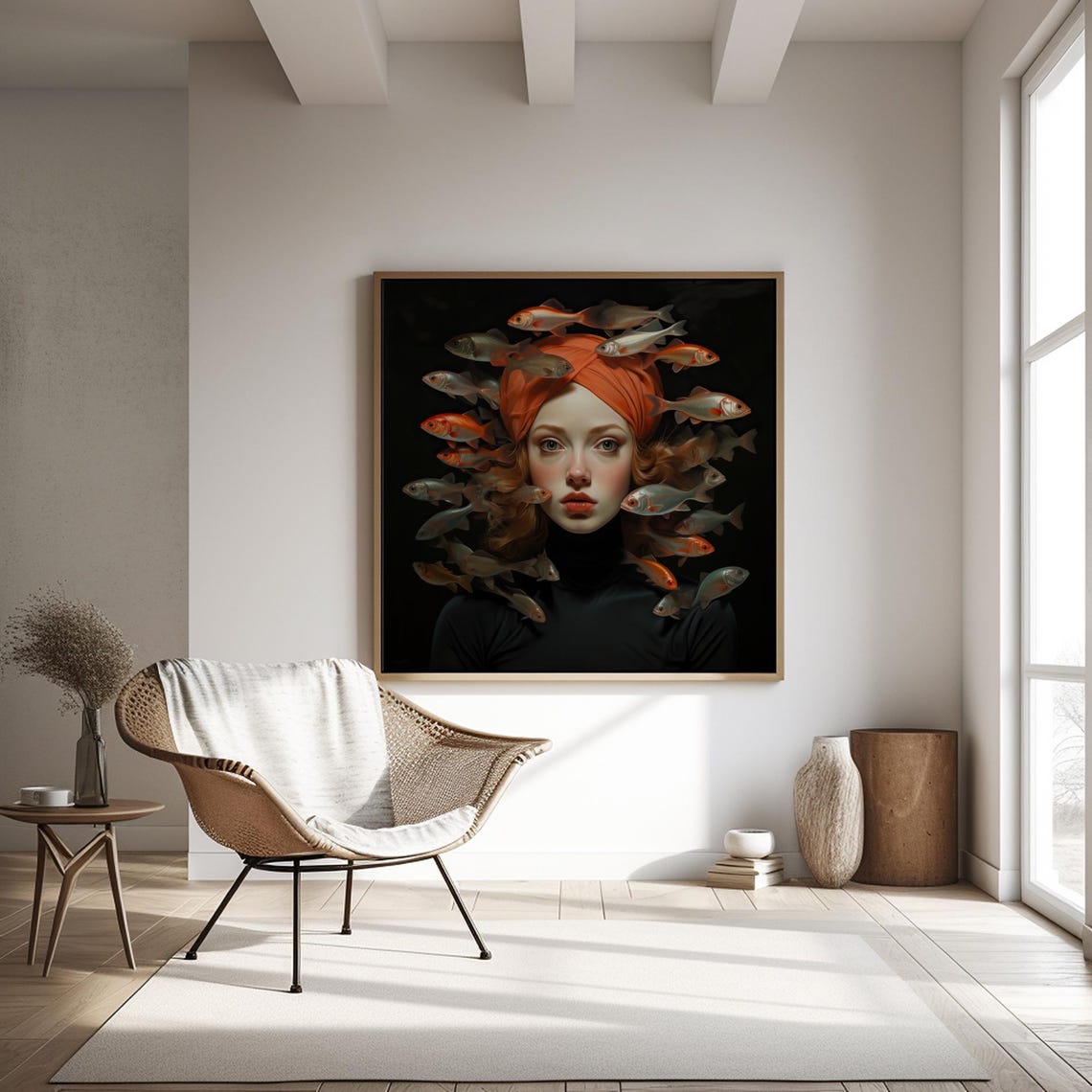 Surreal Fish Girl Portrait Wall Art Orange Turban Dark Fantasy Fish - Image 2
