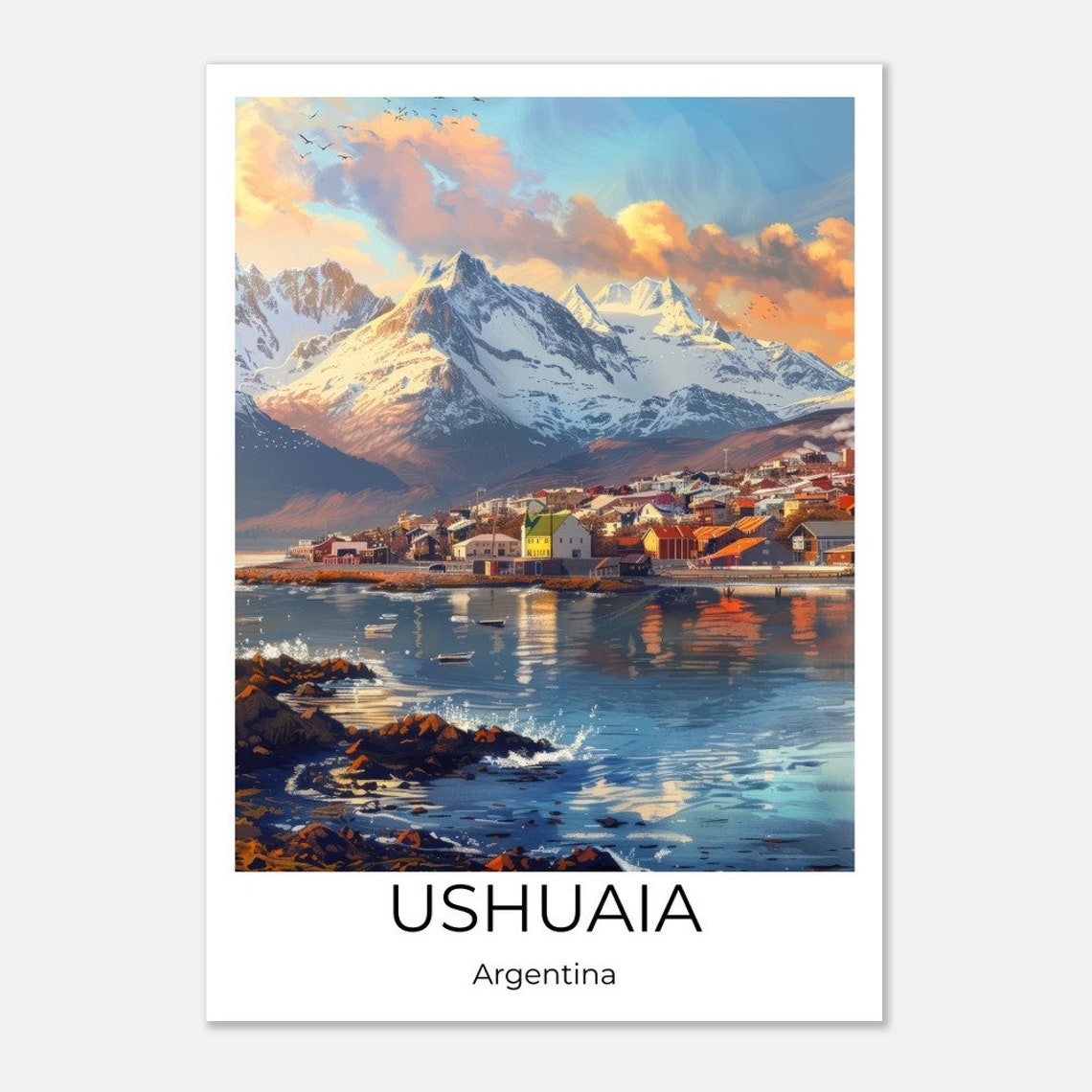 Ushuaia Argentina Harbor Town Snowy Mountains Watercolor Poster - Image 4