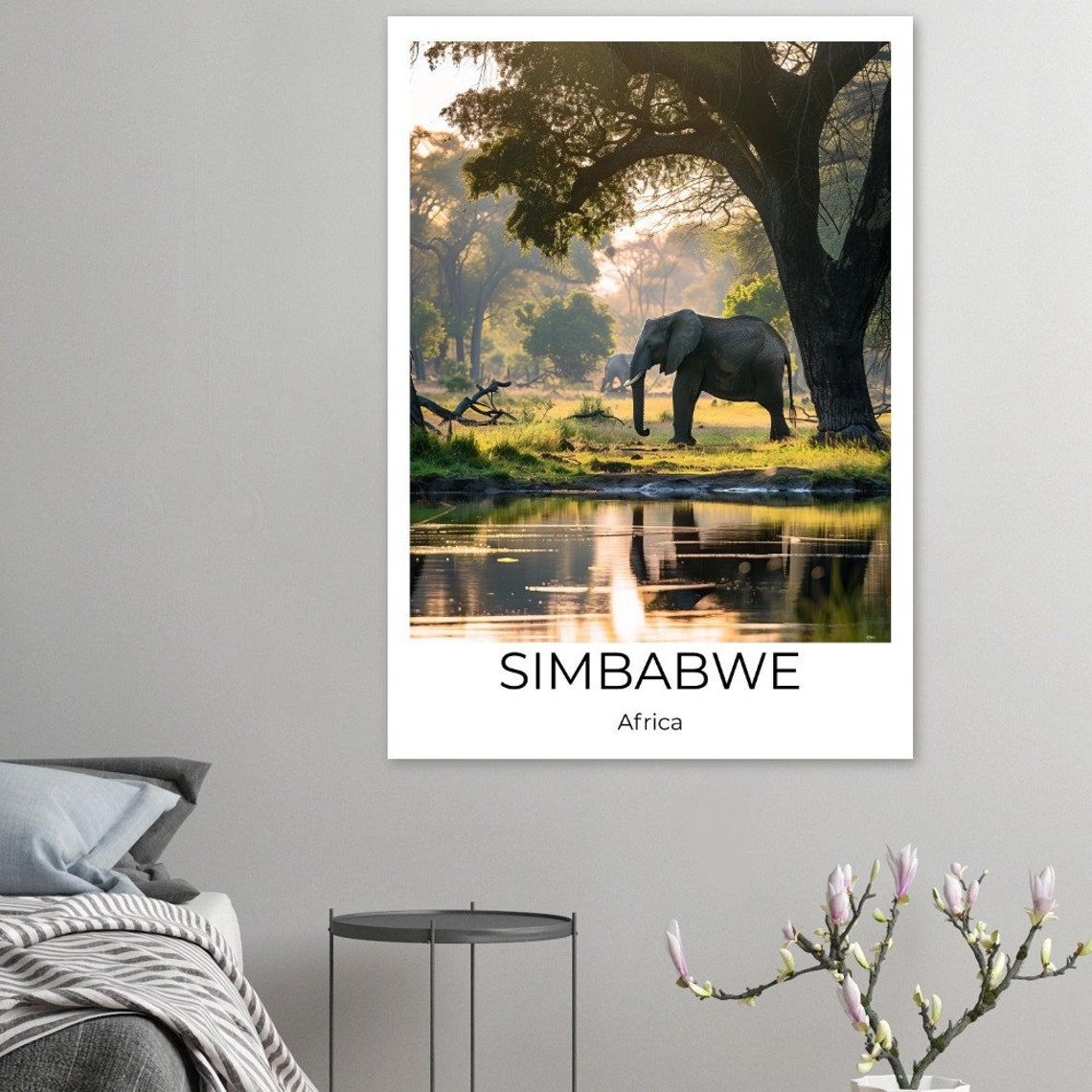 Zimbabwe Africa Elephants River Sunset Wildlife Travel Poster - Image 3