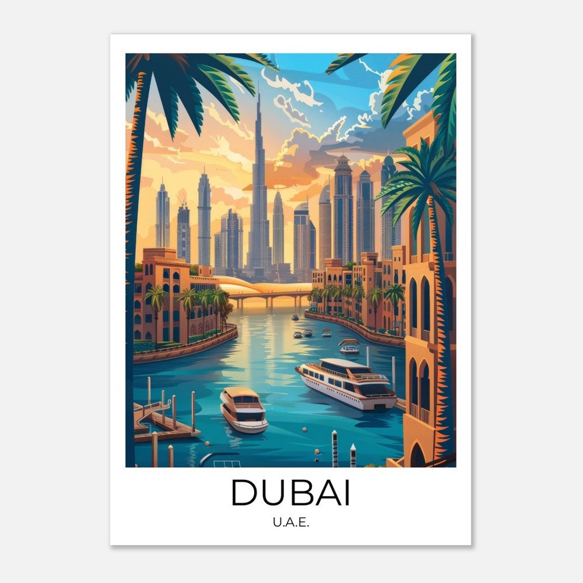 Dubai UAE Burj Khalifa Marina Boats Palm Illustration Travel Poster