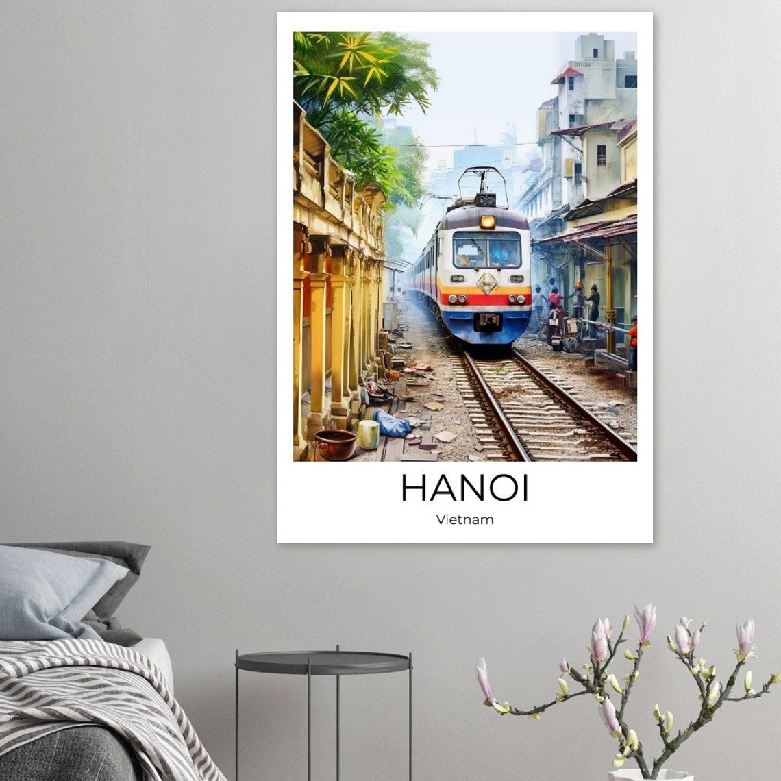 Hanoi Train Street Watercolor Travel Poster Of Hanoi Wall Art Hanoi Travel Vietnam Hanoi Wall Decoration - Image 2