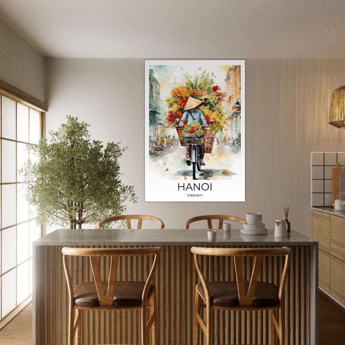 Hanoi Flower Bike Watercolor Travel Poster Of Hanoi Wall Art Hanoi Travel Vietnam Hanoi Wall Decoration - Image 2