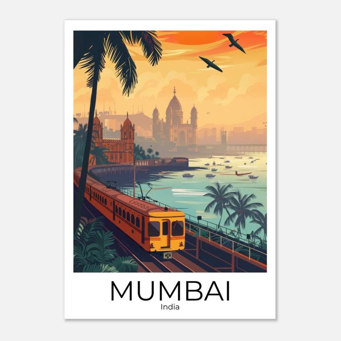 Mumbai India Coastal Train Sunset Palm Harbor Scene Travel Poster