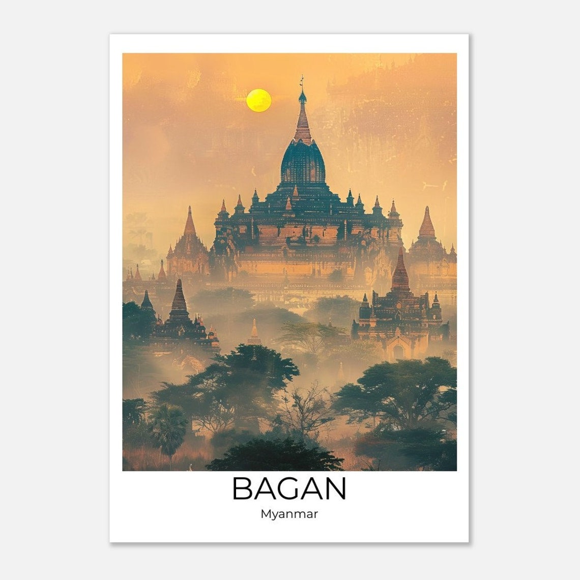 Bagan Myanmar Grand Ancient Temple Golden Sun Glow Scene Poster