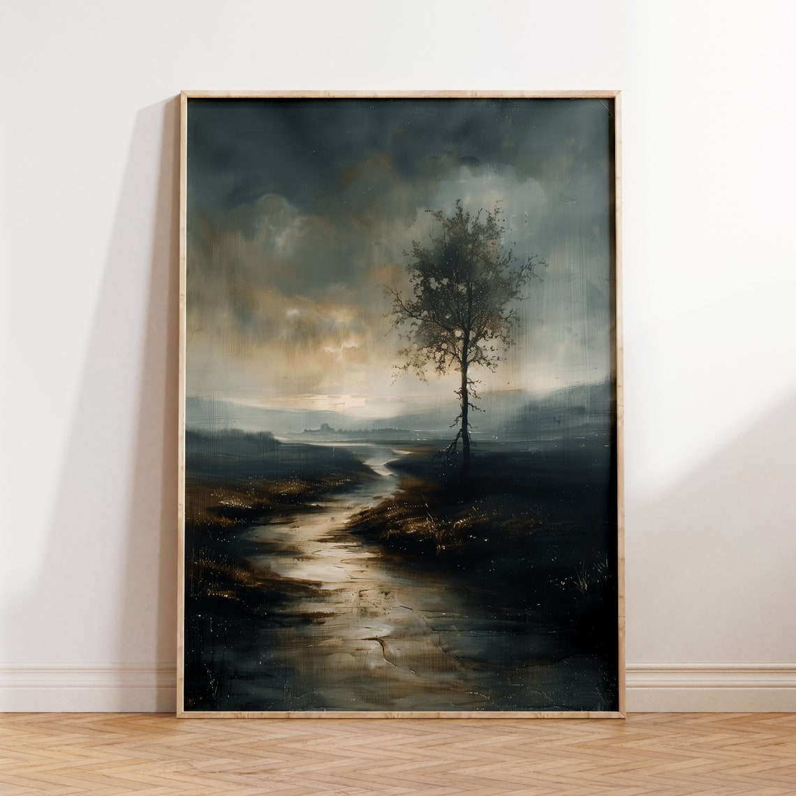 Moody Dark Marsh Oil Painting Lone Tree Stormy River Landscape Poster