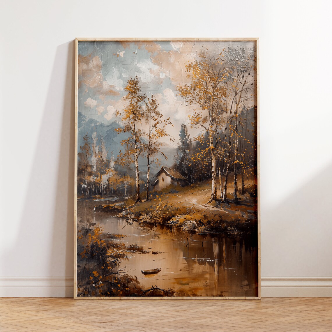 Autumn Birch Forest Cabin Oil Painting Golden Riverside Retreat Poster