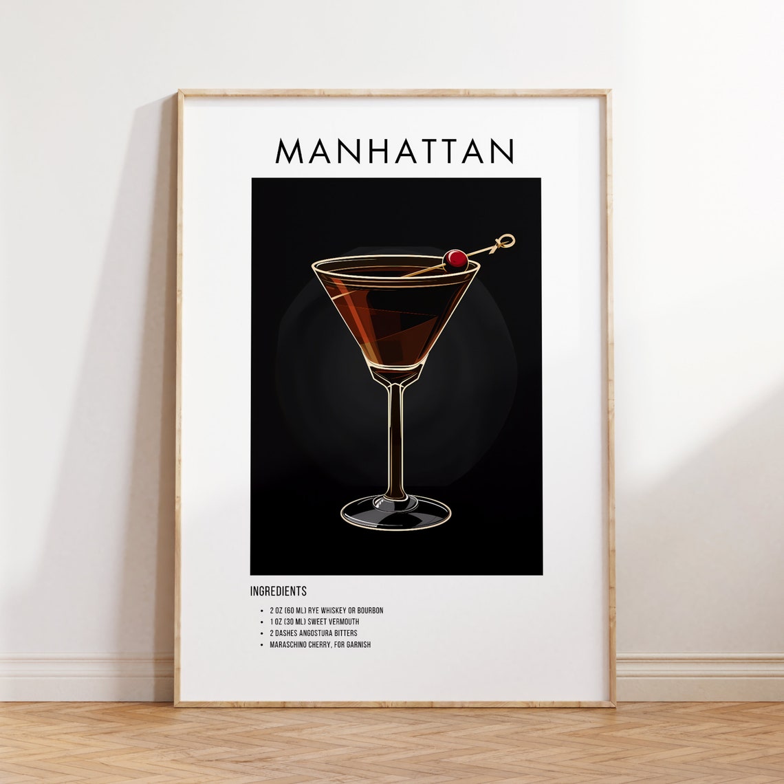 Manhattan Cocktail Recipe Card Modern Kitchen Bar Decor Art Poster