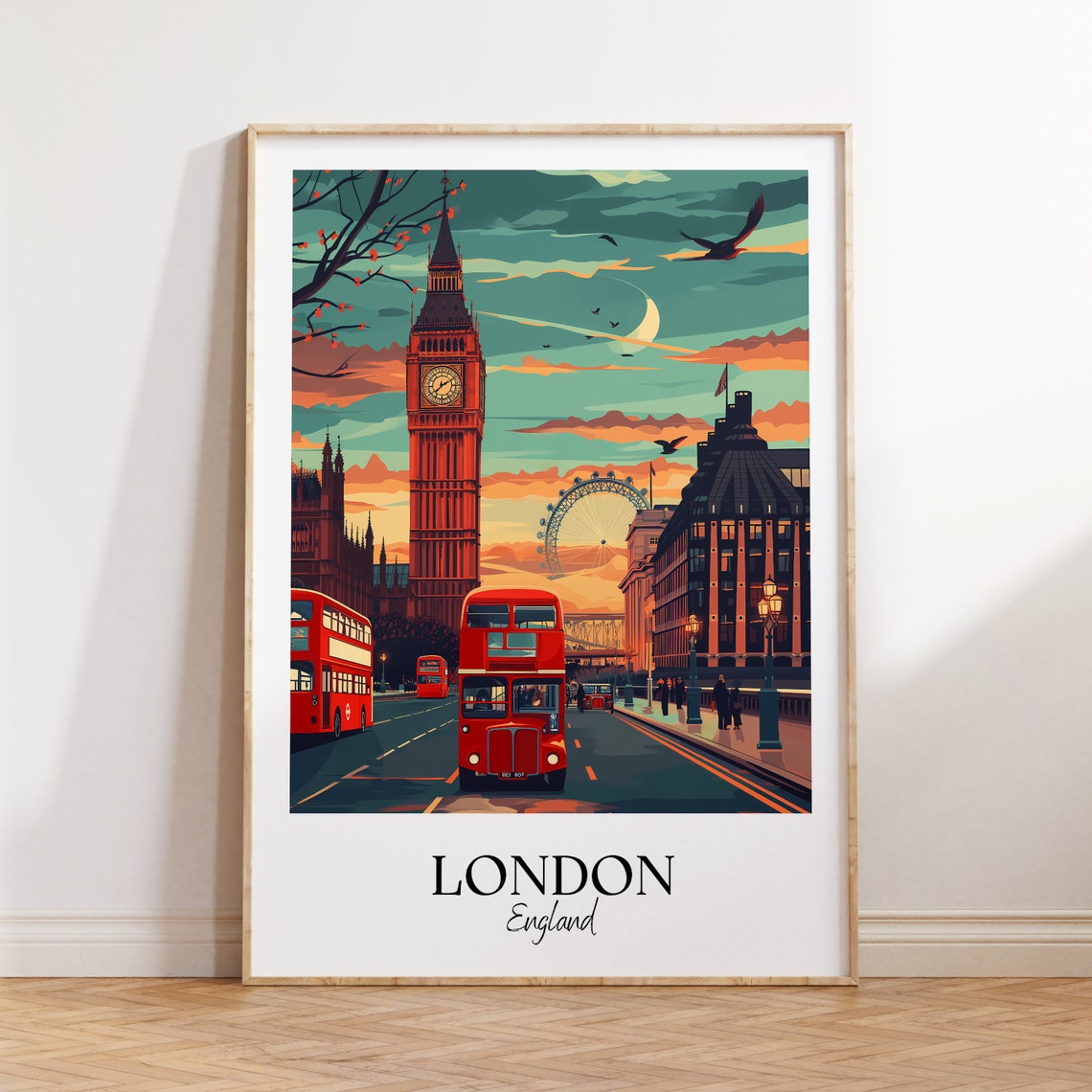 London England Big Ben Red Bus Sunset Vintage Style Travel Poster