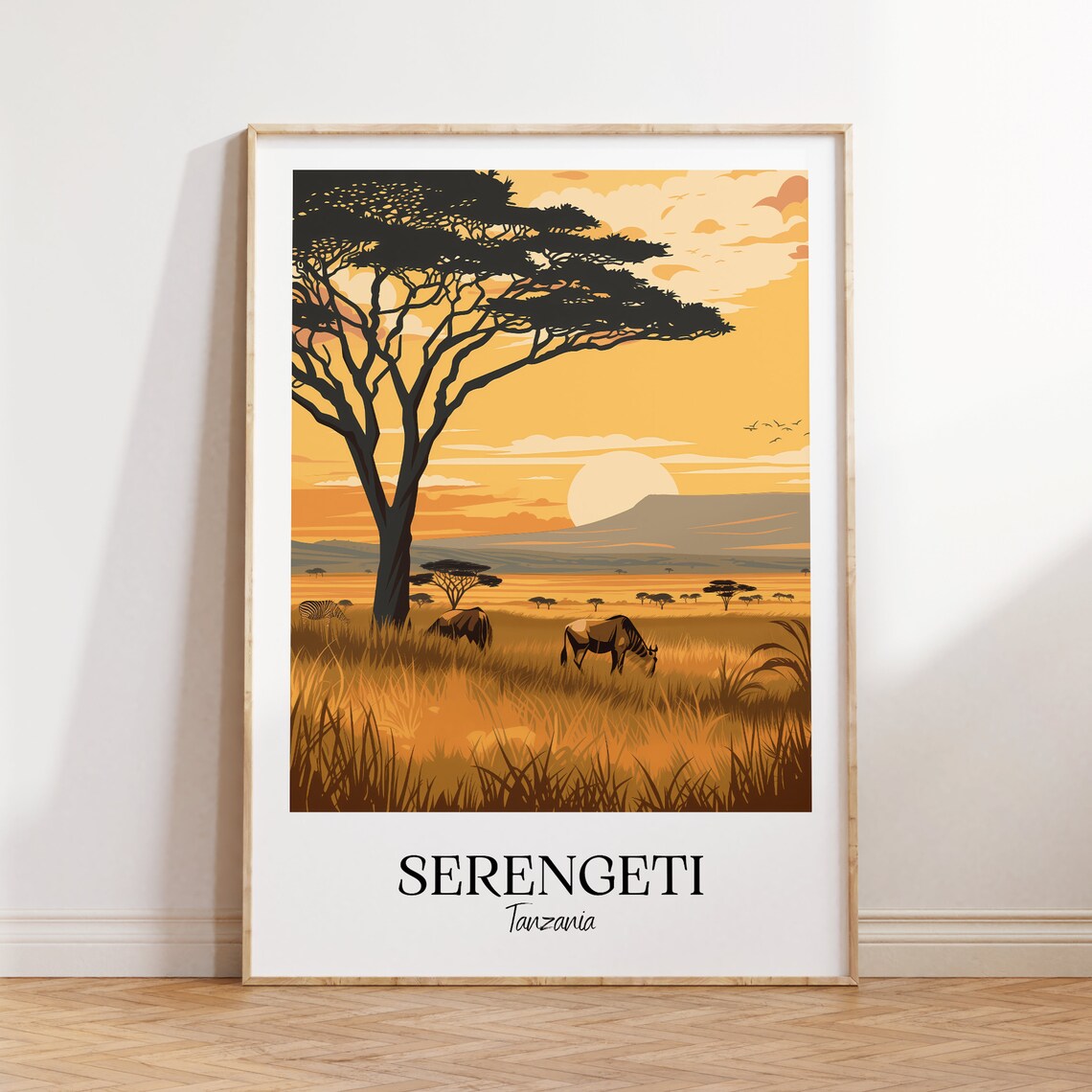 Serengeti Tanzania Golden Sunset Safari Acacia Tree Travel Poster