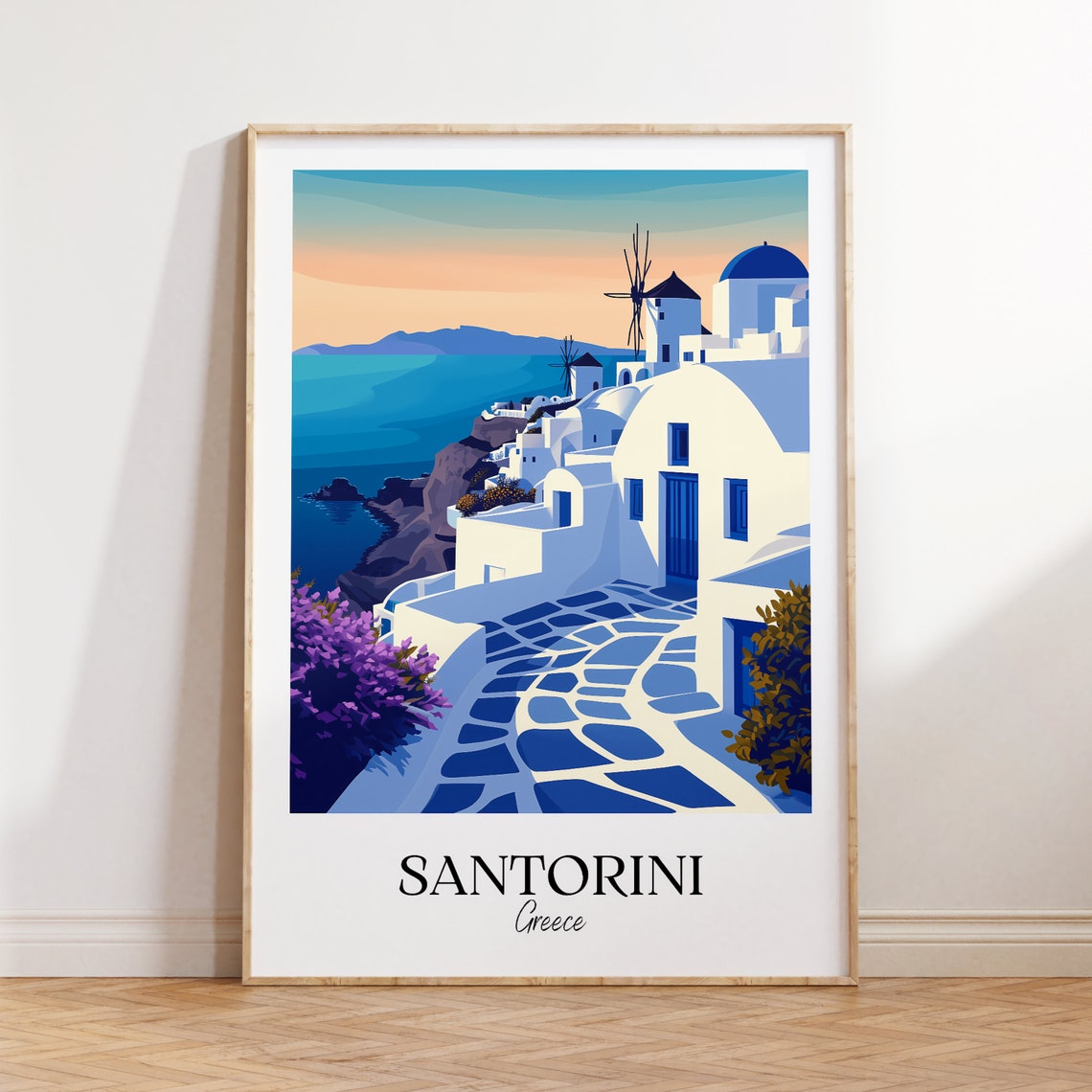 Santorini Greece White Village Blue Domes Windmill Travel Poster
