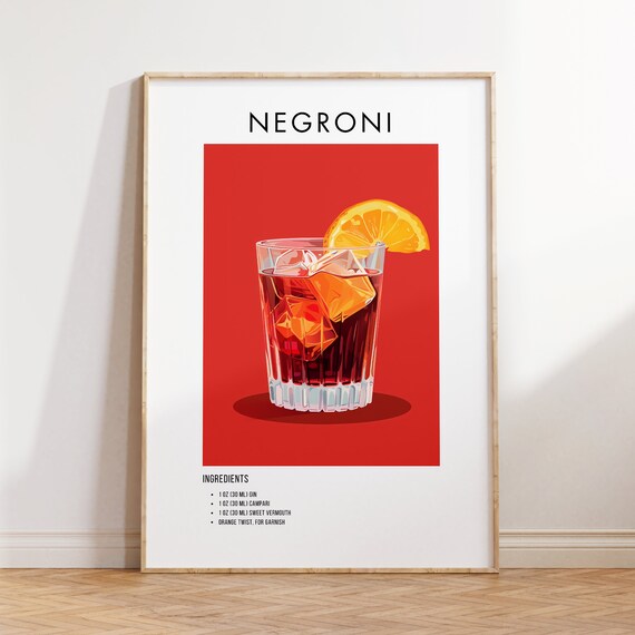 Negroni Italian Cocktail Recipe Poster with Campari for Bar Decor