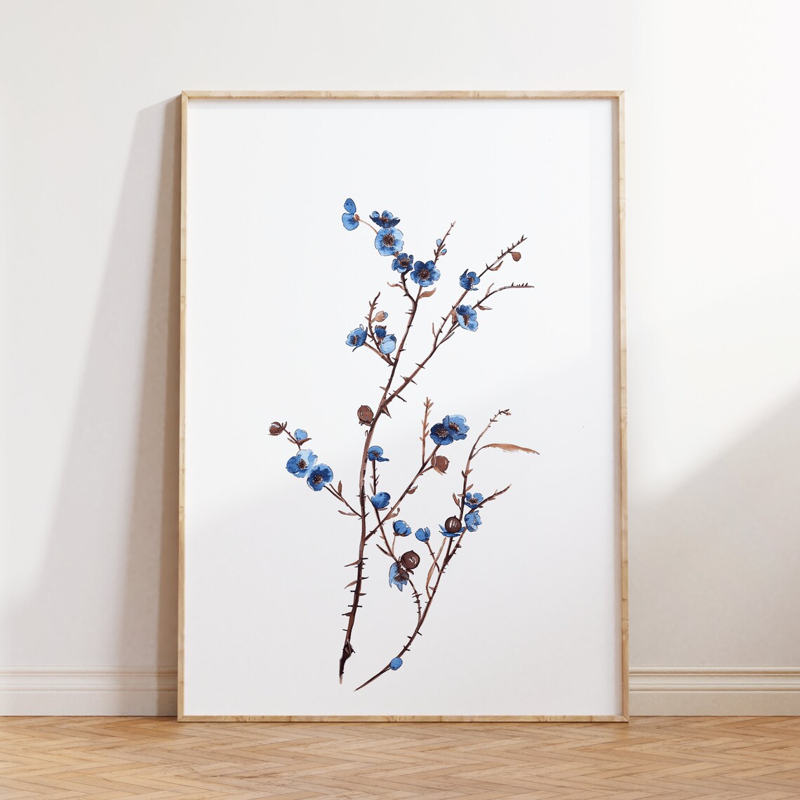 Blue Rosehip Branch Watercolor Delicate Botanical Art Poster