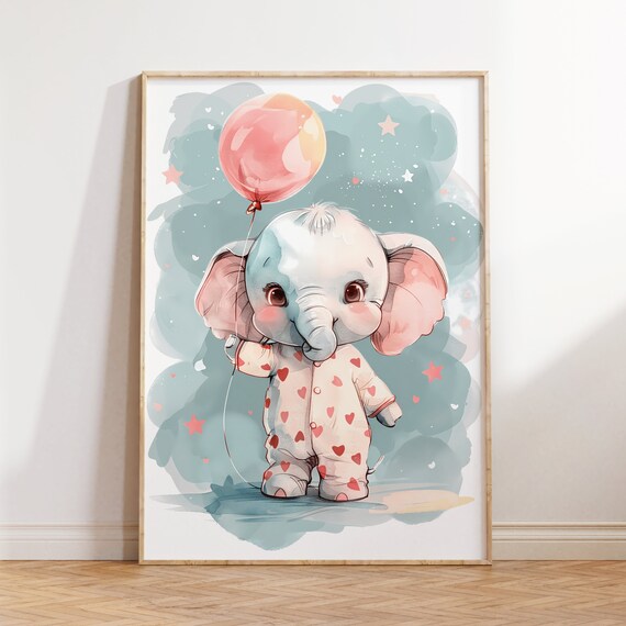 Sweet Baby Elephant in Heart Pajamas with Balloon Nursery Poster
