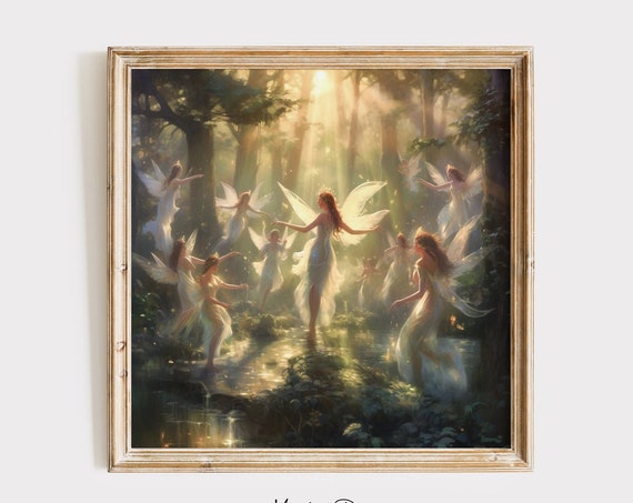 Forest Fairies Painting Fairy Tale Wall Art Fairycore Print Whimsical Illustration Kids Room Dancing In The