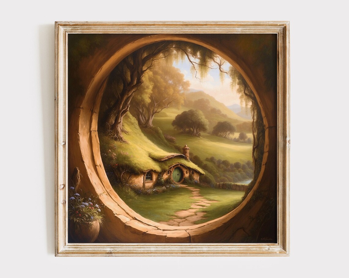 Hobbit Style Round Door Cottage Green Hills Fantasy Wall Poster
